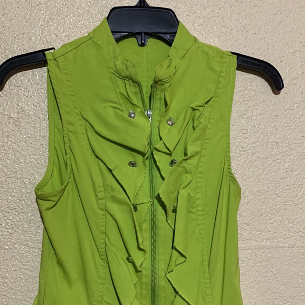 oh Yes Vest Green Rhinestone Buttons Zip Up Ruffle Front M - Picture 3 of 14